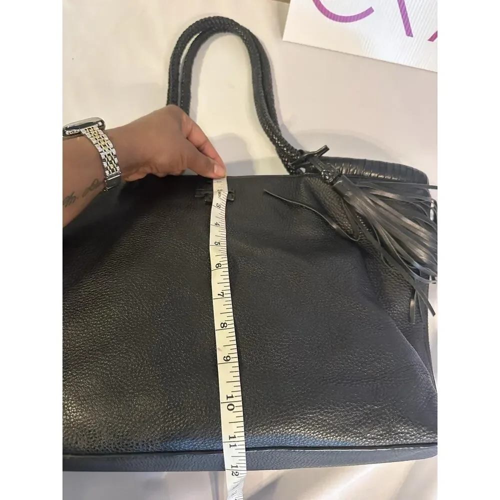 Tory Burch Tote Bag Womens Large Black Leather Shoulder Tassel Braided